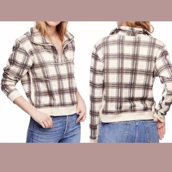 NWT $128 Free‎ People [ Large ] Why Not Quarter Zip Plaid Sweatshirt Ivory - Picture 1 of 16